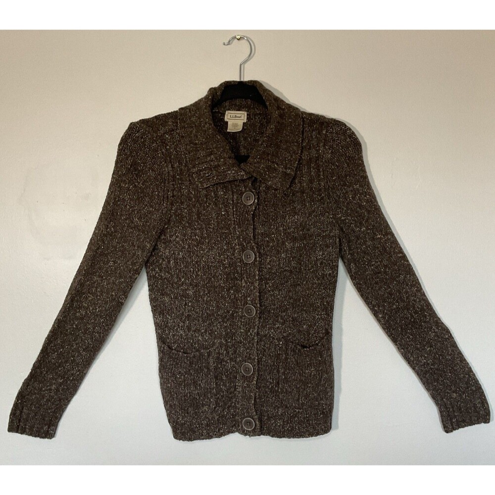 LL Bean Womens Button Cardigan Sweater Wool Blend Brown Size M